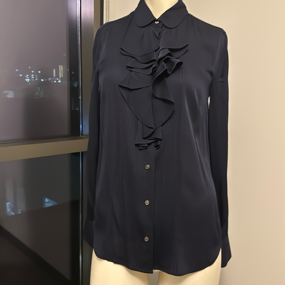 J. Crew Navy blue silk ruffle blouse